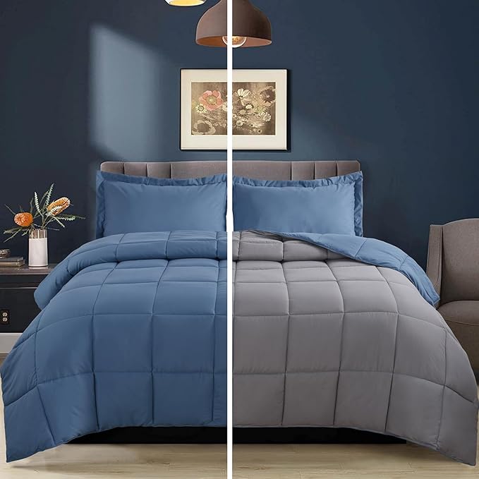 HIG 3pc Dusty Blue Twin/Twin XL Comforter Set - All Season Reversible Down Alternative Comforter with Sham - Quilted Duvet Insert with Corner Tabs - Box Stitched Blanket - Breathable, Soft, Fluffy