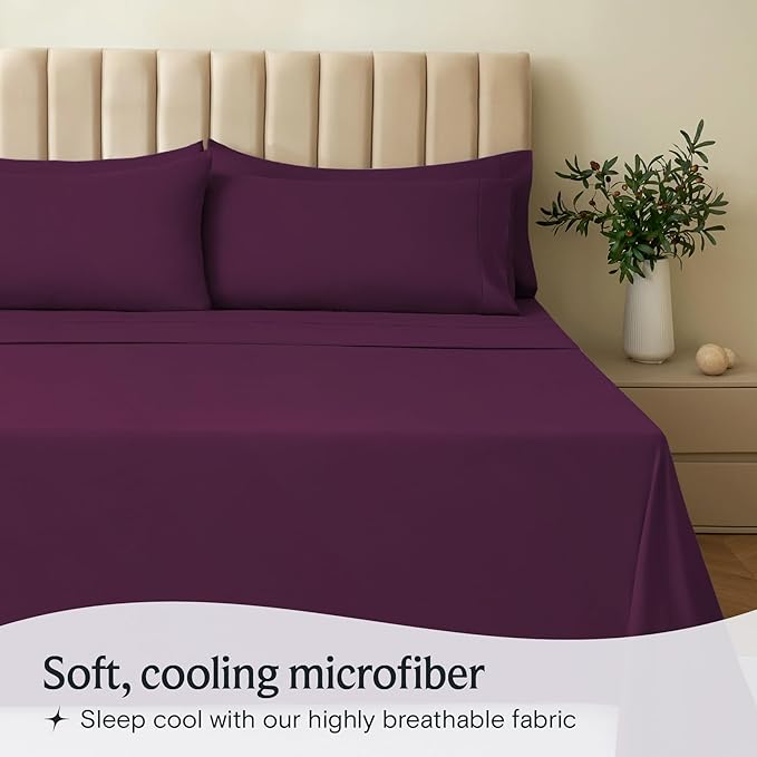 LuxClub 4 PC Queen Sheet Set, Deep Pockets Wrinkle Free Cooling Bed Sheets Hotel Bedding for Women, Men, Includes 1 Fitted Sheet, 1 Flat Sheet and 2 Pillowcases-Soft Eggplant