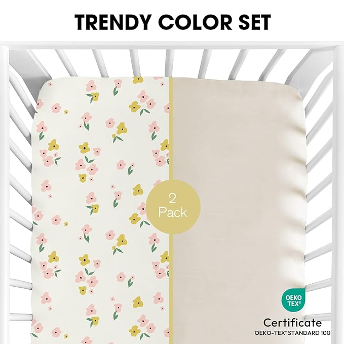 Little Grape Land Crib Sheets 2 Pack for Boys and Girls, Baby Neutral Crib Fitted Sheets for Standard Crib & Toddler Mattress, Super Soft Breathable Fitted Crib Sheet Set, Yellow Petal