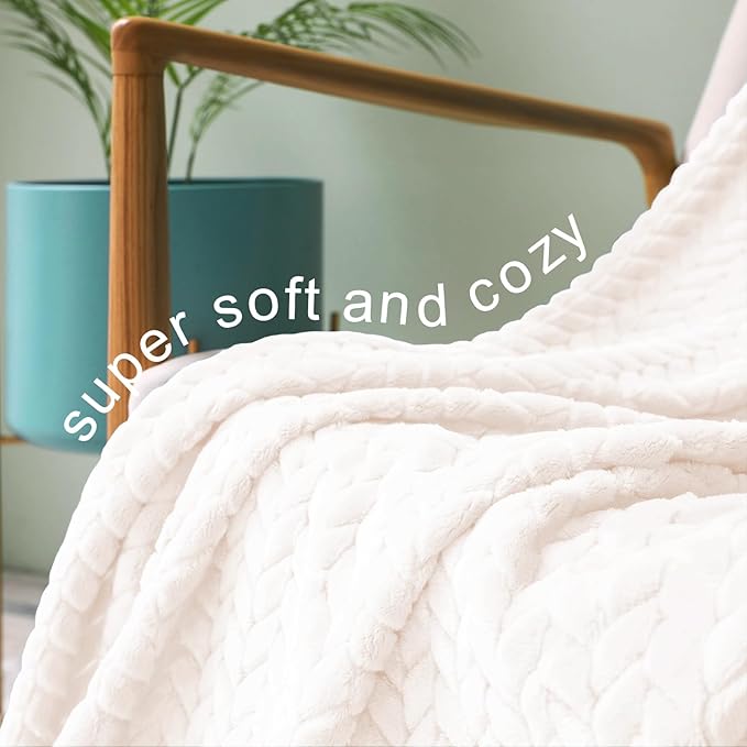 Exclusivo Mezcla Fleece Queen Size Blanket for Bed, 90x90 Inches Soft Cozy Jacquard Flannel Blankets, Lightweight Fuzzy Plush Warm for Women, Off White