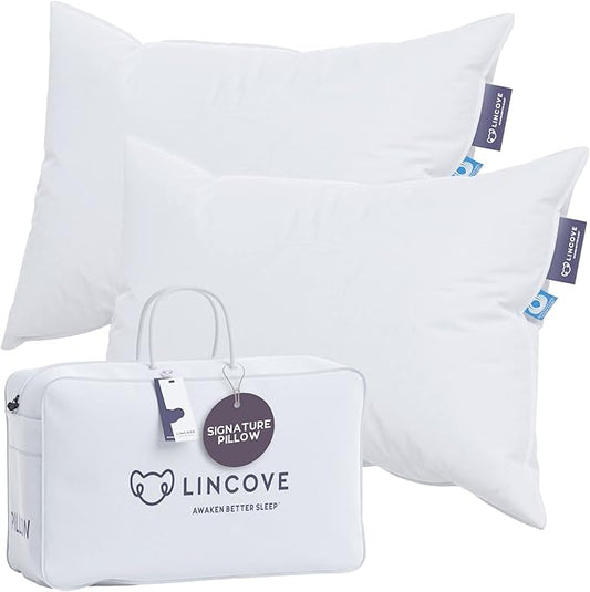 Lincove Signature 100% Canadian White Down Pillow - Luxury Sleeping Bed Pillow for Back, Stomach & Side Sleepers - 800 Fill Power, 500 Thread Count, Made in Canada, Standard - Medium, 2 Pack