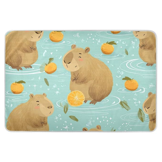 Waterproof Bed Pad Reusable Changing Pad Toddler Mattress Protector Large Pee Pad Baby Diaper Pad Soft Washable Liner Light Blue Capybaras Orange and Water Ripples