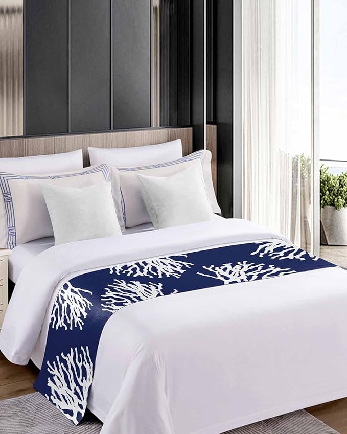 Coral Navy Blue Bed Runner Scarf for Twin Size Bed Foot, Decorative Bedding Accessory Stainproof & Dustproof Soft Protector For Bedroom Hotel Wedding Room Coastal Ocean Marine Nautical Beach 71"x20"