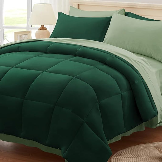 Anluoer Queen Comforter Set,Emerald Green&Sage Bed in a Bag 7 Piece,Lightweight Bedding Set with Soft Down Alternative Fill,Bed Set Includes Comforter, Fitted Sheet, Flat Sheet,Pillowcases and Shams