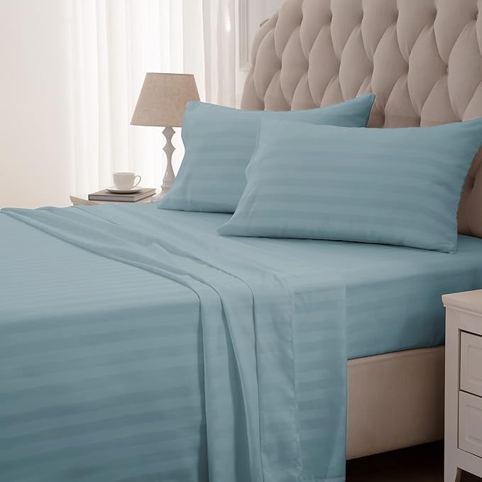 SLEEP ZONE Striped Cooling Sheets Set King Size - Fitted Flat Sheet & Pillowcase Sets 4 Piece - Super Soft Stripe Bed Sheet, Easy Care, Deep Pocket (Flint Blue, King)