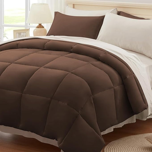 Anluoer Full Comforter Set,Brown&Beige Bed in a Bag 7 Piece,Lightweight Bedding Set with Soft Down Alternative Fill,Bed Set Includes Comforter, Fitted Sheet, Flat Sheet,Pillowcases and Shams