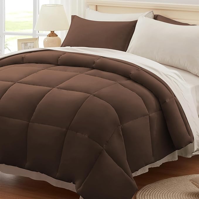 Anluoer King Comforter Set,Brown&Beige Bed in a Bag 7 Piece,Lightweight Bedding Set with Soft Down Alternative Fill,Bed Set Includes Comforter, Fitted Sheet, Flat Sheet,Pillowcases and Shams