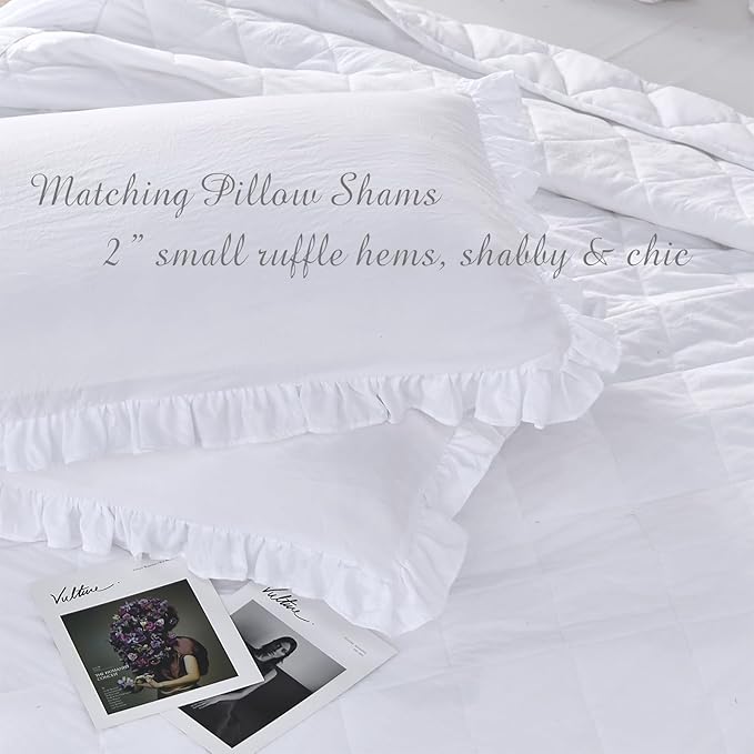 Lady Ann Queen Size Bedspread Set 3 Pcs White Washed Quilt Set, Shabby and Chic Blanket Ruffle Skirt Quilted Coverlet Farmhouse Rustic Bedding Set Lightweight