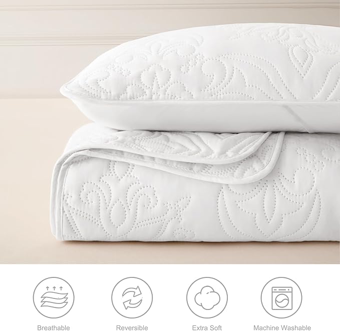 Whale Flotilla Soft King Quilt Bedding Set for All Seasons, Elegant Vintage Damask Ultrasonic Quilts Set, Lightweight Reversible Bedspread, Coverlet, Bed Cover with 2 Pillow Shams, White