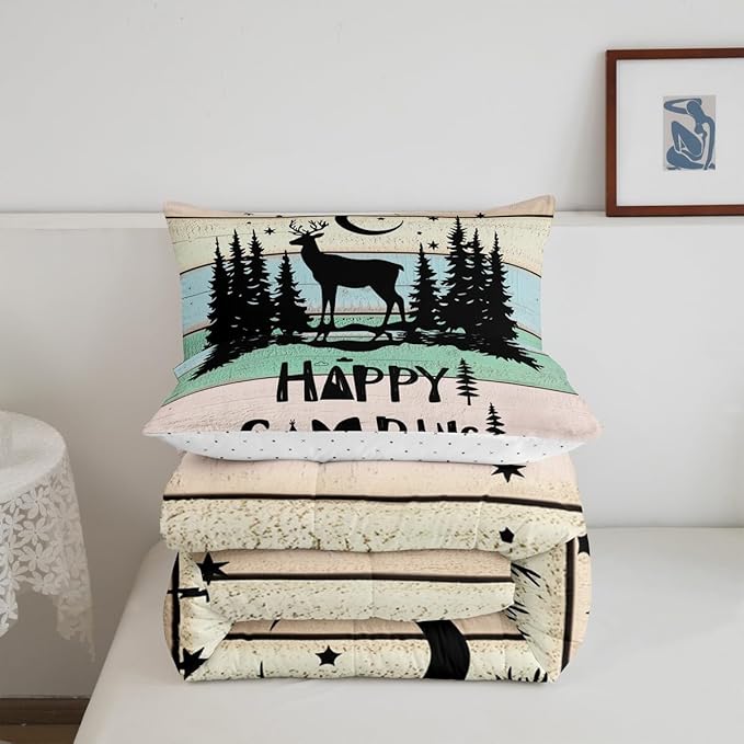 Kids Happy Camping Comforter Set King,Cute Deer Camper Bedding Set Rustic Farmhouse Woodland Animal Comforter for Boys Girls Old Barn Door Quilted Duvet Star Moon Pine Tree Decor 3 Pcs Black Green
