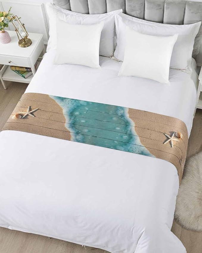 Coastal Ocean Starfish and Shell Sand Bed Runners for Bedroom Hotel,Decorative Bedding Scarf The Beach is My Happy Place Bed End Blanket Bedding Runner Scarves for Queen Size Bed,94x20in