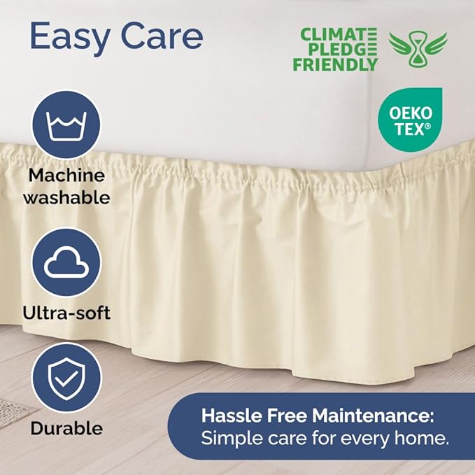 Wrap Around Dust Ruffle Bed Skirt - Off White - for Full Size Beds w/ 15 Inch Drop - Easy Fit Elastic Strap - Adjustable Pleated Bedskirt w/Brushed Fabric - Wrinkle Free - Women, Men, Kids & Teens
