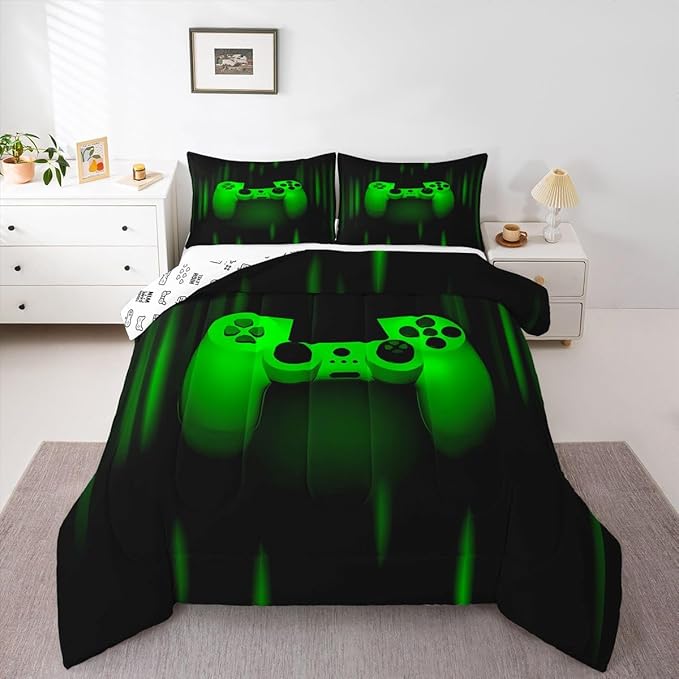 Feelyou Boys Gamer Comforter Set Toddler Size Bedding Set for Kids Gaming Comforter Green Black Video Games Gamepad Room Decor for Teens Child Super Soft Geometric Duvet Quilted Son Grandson Gift