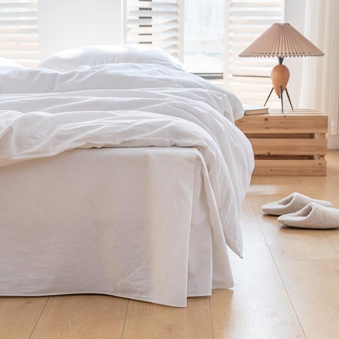 BISELINA French Linen Bed Skirt with Pleated Corner 14-Inch Tailored Drop Natural Flax Cotton Blend Basic Dust Ruffle Soft Cozy Farmhouse Bedding (14" Full, Basic White)