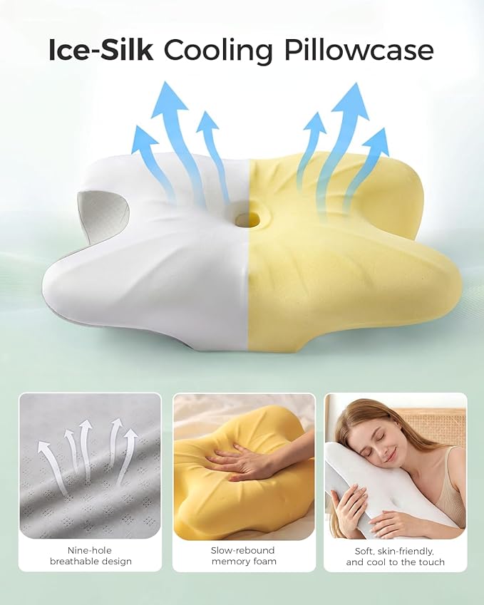 Cervical Memory Foam Pillow for Neck Pain Relief, Ergonomic Contour Pillow for Side, Back and Stomach Sleepers, Cooling Removable Breathable Pillowcase, Dual-Height Design