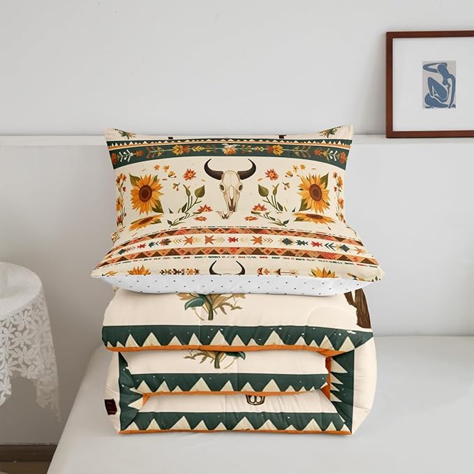 Feelyou Rustic Western Comforter Set Queen Size Bull Skull Floral Printed Bedding Set for Kids Boys Girls Room Decor Vintage Sunflower Farmhouse Comforter Geometric Western Boho Quilt Set