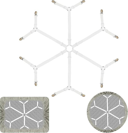 6 Ways Heavy Duty Sheet Holders Keep Sheets Firm and Tight - Sheet Clips, Bed Sheet Holders for Corners, Mattress Straps to Hold Sheets in Place, Bed Sheet Clips (White, 6 Way Bed Straps)