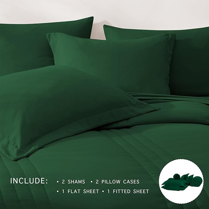 Monbix Queen Comforter Set - 7 Pieces Emerald Green Bed in a Bag Queen Bedding Sets with Comforters, All Seasons Comforter Bed Set with Sheets, Pillowcases & Shams
