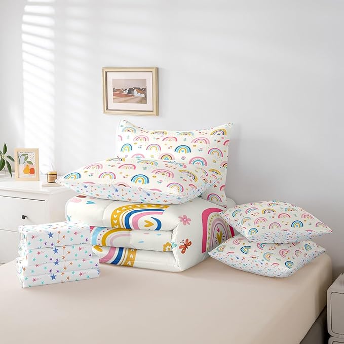 Feelyou Kids Rainbow 7 Pieces Bedding Set King Size, Colorful Stripes Comforter Set with Sheets Cute Cartoon Bed in A Bag Boys Girls Multicolor Teens Bed Set Bedroom Decor 7Pcs