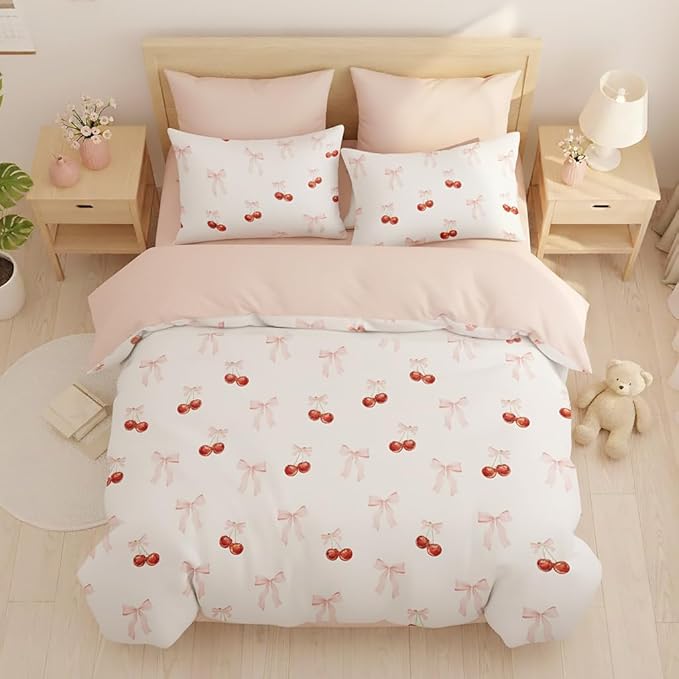 Nayoroom Pink Bow Duvet Cover Full Size Reversible Red Cherry Duvet Cover 3 Pieces Soft Lightweight Microfiber Kids Girls Cute Aesthetic Dorm Bedding Set