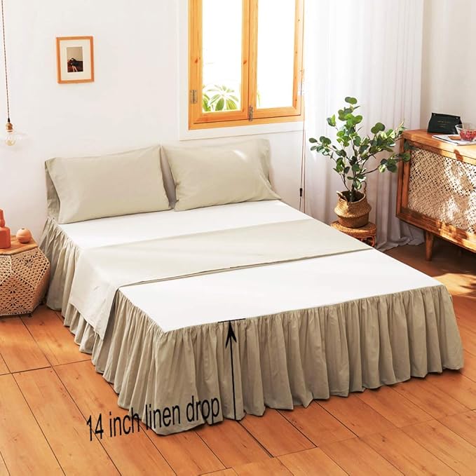 Simple&Opulence Belgian Linen Bed Skirt with Classic 14 inch Tailored Drop Dust Ruffle, Easy Fit Breathable Premium Natural Flax- Pleated Linen, King