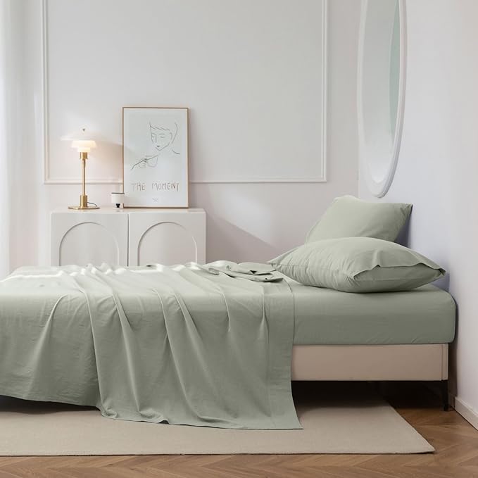 JIYUAN 100% Washed Cotton Sheet Set 4 Pieces Cal King,1 Fitted Sheet,1 Flat Sheet and 2 Pillowcases,Comfy and Breathable Linen Like Bedding Set,Heathered Sage Green