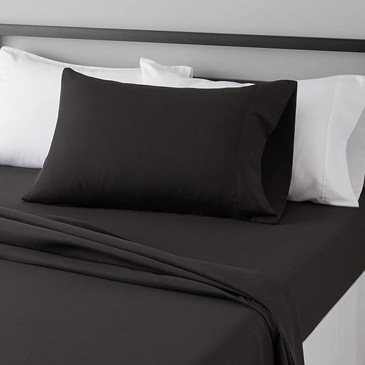 Amazon Basics Lightweight Super Soft Easy Care Breathable Brushed Microfiber 3-Piece Bed Sheet Set with 14-Inch Deep Pockets, Twin XL, Black, Solid