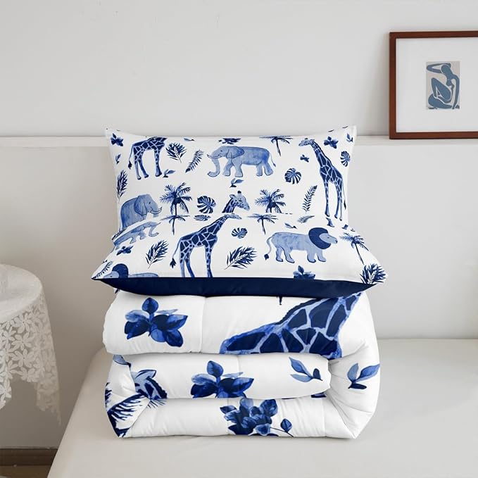 Feelyou Jungle Animals Comforter Toddler Size Elephant Lion Giraffe Animal Bedding Sets African Safari Animal Comforter Set for Kids Boys Girls Hunter Blue Rust Wildlife Down Comforter