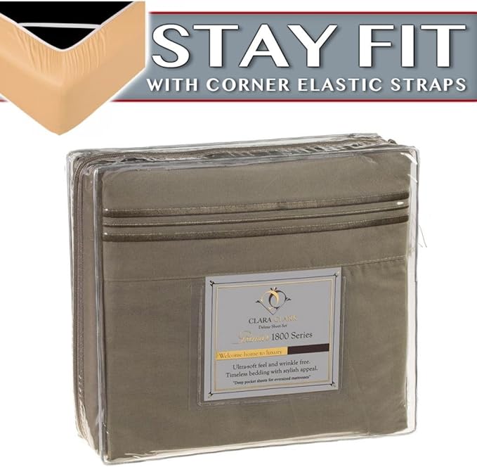 Clara Clark 2000 Series Bed Sheet Sets - Stay fit on mattress with elastic straps at corners - Queen, Sage Olive Green