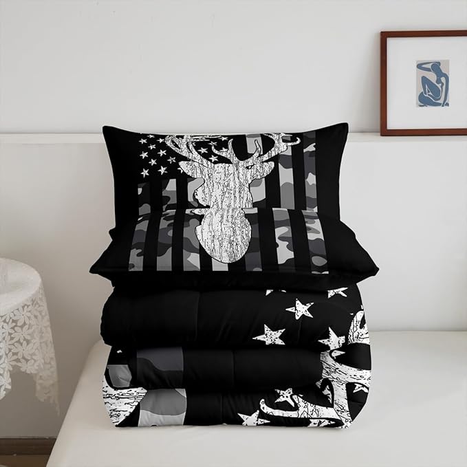 American Flag Bedding Set Deer Camo Comforter Set King for Kids Boys Teen Man,Western Rustic Black Grey Military Camouflage Bedding Comforters Hunting Deer Antlers Quilt Duvet for All Season 3 Pcs