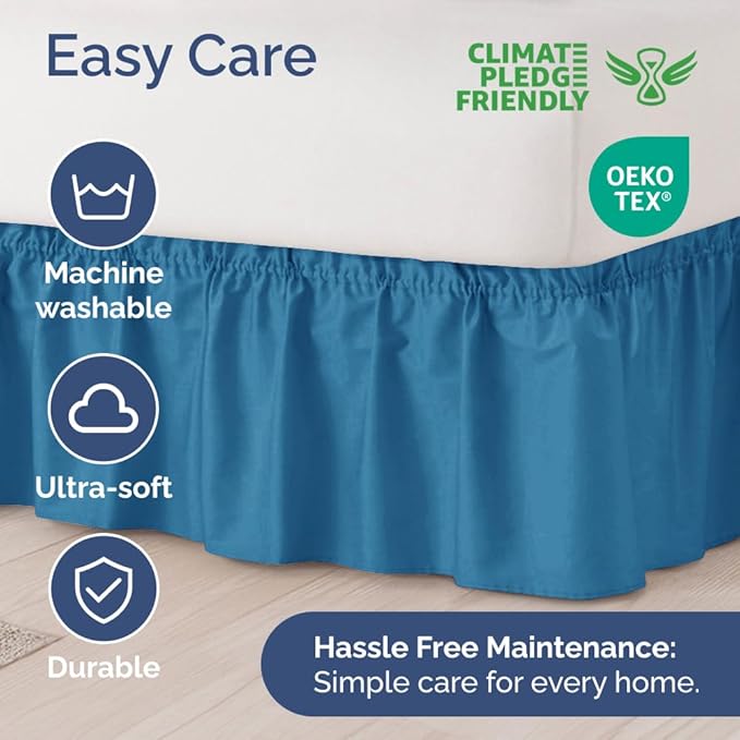 Wrap Around Dust Ruffle Bed Skirt - Denim Blue - for Queen Size Beds with 21 Inch Drop - Elastic Strap - Adjustable Pleated Bedskirt with Brushed Fabric and Wrinkle Free - For Women, Men, Kids & Teens