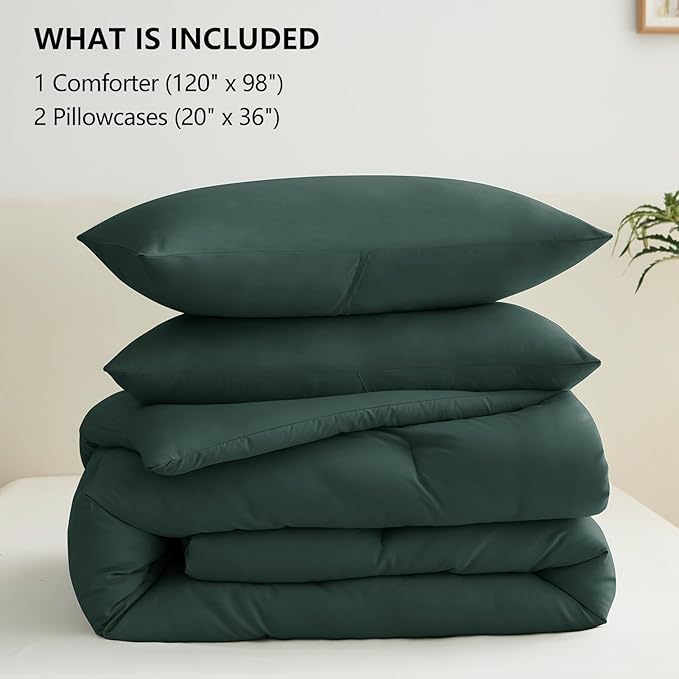 CozyLux Oversized King Comforter Set Forest Green, 3 Pieces 120x98 Solid Breathable Quilted Style Bedding Sets All Season, Luxury Soft Down Alternative Comforter Bed Set (1 Comforter & 2 Pillowcases)