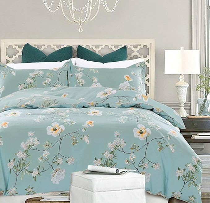 Nanko King Duvet Cover Set 3 Pieces 104X90 Size (1 Duvet Cover + 2 Pillow Shams) - Green Floral Printed -Soft Lightweight Luxury Microfiber - Teal Flower Comforter Cover