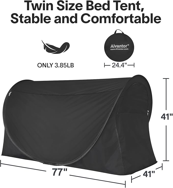 Alvantor Privacy Pop Up Bed Tent for Twin Bed, Easy Setup Blackout and Breathable Mesh Bed Canopy Lightweight Portable Sleep Pod with Carry Bag Dream Tent for Indoor Outdoor Use- Twin/Black