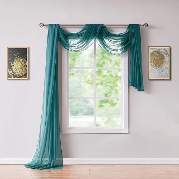 Long Length 55" (W) x 216" (L) Green Teal Sheer Window Scarf. Voile Window Treatments are Perfect As Valance Scarves, Canopy Bed Scarf Or Wedding Decoration. AMA 56" x 216" Teal