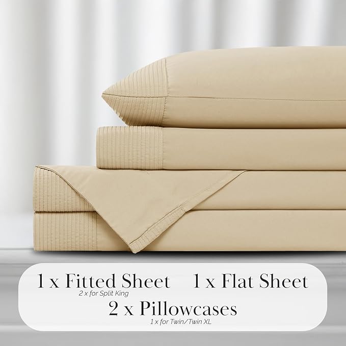 Southshore Fine Living, Inc. Pleated, 3-Piece Twin XL Sheet Set, 21-Inch Deep Pocket Sheets Twin XL Size Bed Set, 1 Fitted Sheet, 1 Oversized Flat, 1 Standard Pillow Case, Beige Sheets, Soft Sand