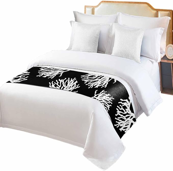 Coral Black Bed Runner Scarf for Full Size Bed Foot,Decorative Bedding Accessory Stainproof & Dustproof Soft Protector For Bedroom Hotel Wedding Room Coastal White Ocean Marine Nautical Beach 83"x20"