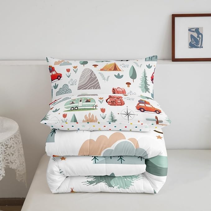 Kids Camping Comforter Set King, Car Bedding Set for Boys Girls, Travel Car Camper Accessories Bed Set, Botanical Floral Mountain Adventure Quilt, Cute Camper Duvet Insert Rv Decoration 3Pcs