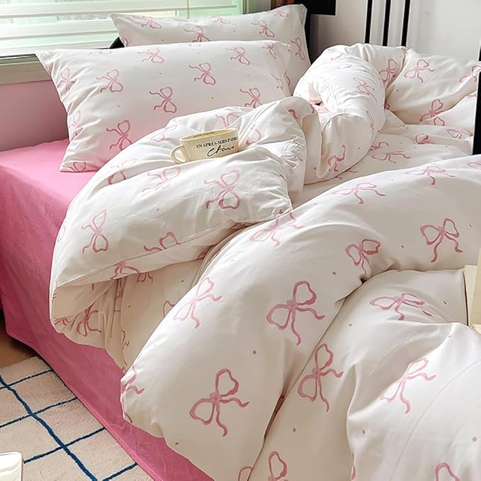 Nayoroom Pink Bow Duvet Cover Twin Size Polka Dot Bowknot Coquette Duvet Cover 2 Pieces Soft Lightweight Microfiber Girls Cute Aesthetic Dorm Bedding Set