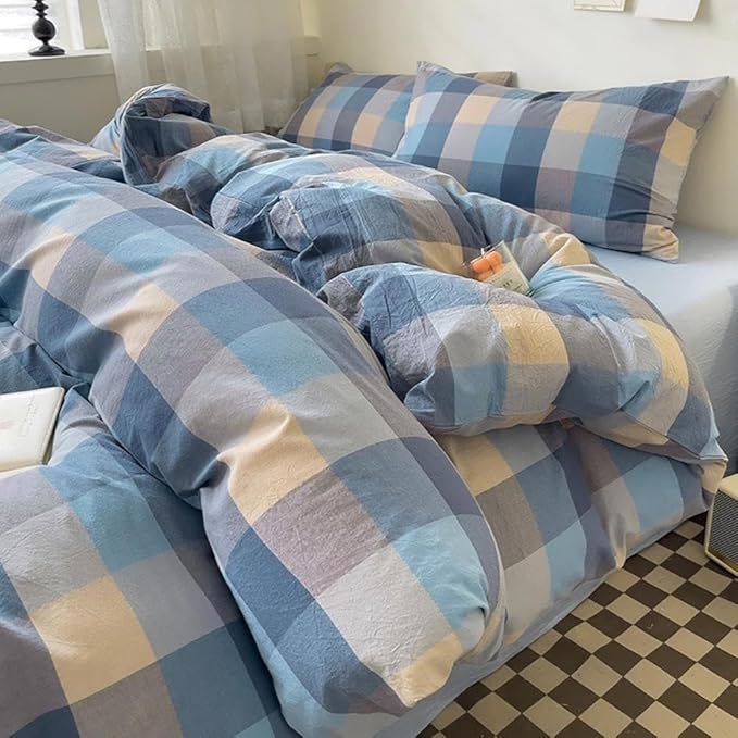 LifeTB Blue Grey Plaid Duvet Cover Set Twin 3 Pieces Boho Gingham Comforter Cover for Men Boys Simple Style Modern Plaid Bedding Set Reversible Buffalo Grid Duvet Cover with Zipper Closure 4 Ties