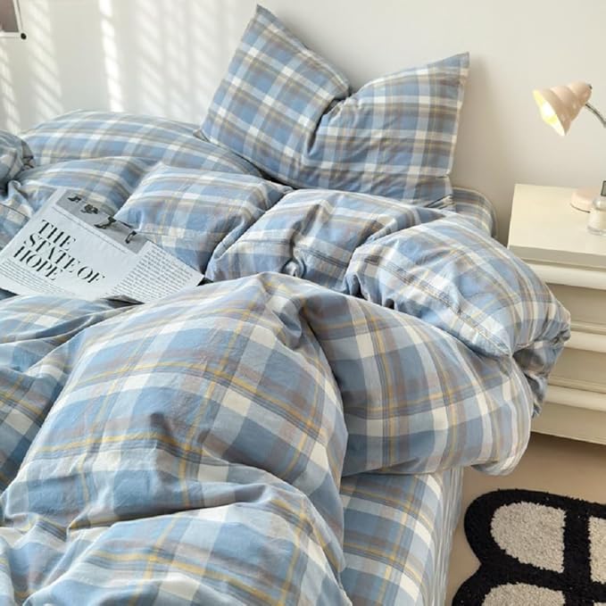 LifeTB Blue Plaid Duvet Cover Twin Soft 100% Washed Cotton Gingham Bedding Set Reversible Buffalo Grid Duvet Cover with 2 Pillowcases Cozy Breathable Plaid Checkered Comforter Cover for Teen Boys