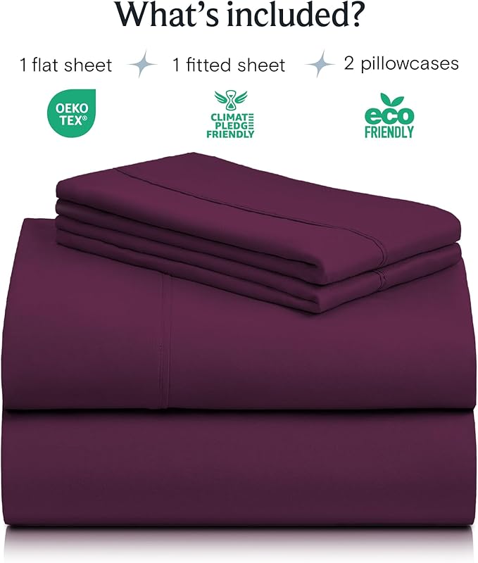 LuxClub 4 PC Queen Sheet Set, Deep Pockets Wrinkle Free Cooling Bed Sheets Hotel Bedding for Women, Men, Includes 1 Fitted Sheet, 1 Flat Sheet and 2 Pillowcases-Soft Eggplant