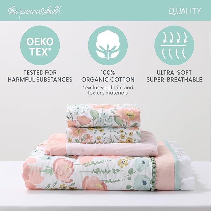 The Peanutshell 4 Piece Organic Cotton Baby Crib Bedding Set for Girls - Newborn, Infant & Toddler Nursery Bed Set Decor with Two Crib Sheets, Dust Ruffle Comforter - Wildflower