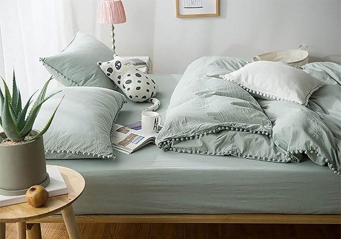 TanNicoor Pom Fringe Duvet Cover Set - 2 Piece Natural Ultra SOFE Color Washed Microfiber Bedding Set, Modern Style Down Comforter Quilt Cover with Zipper Closure(Full, Green)