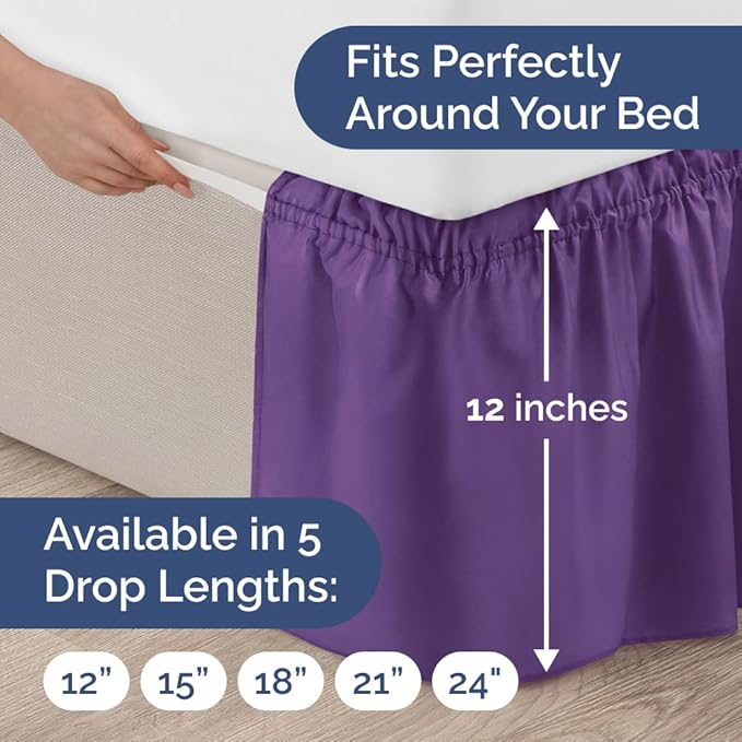 Wrap Around Dust Ruffle Bed Skirt - Purple - for King Size Beds with 12 Inch Drop - Easy Fit Elastic Strap - Adjustable Pleated Bedskirt w/Brushed Fabric - Wrinkle Free - for Women, Men, Kids & Teens