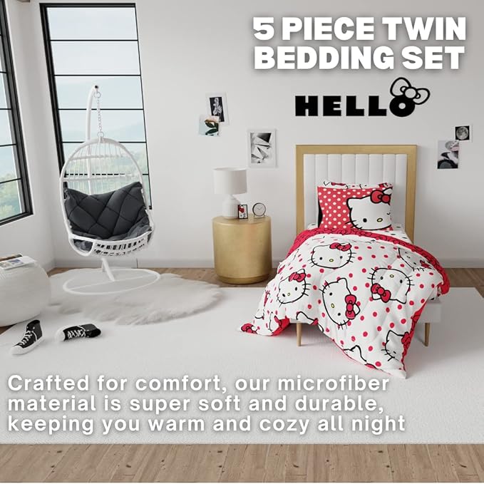 Franco Collectibles Hello Kitty Polka Dot Bedding 5 Piece Super Soft Comforter and Sheet Set with Sham, Twin, (Official Licensed Product)