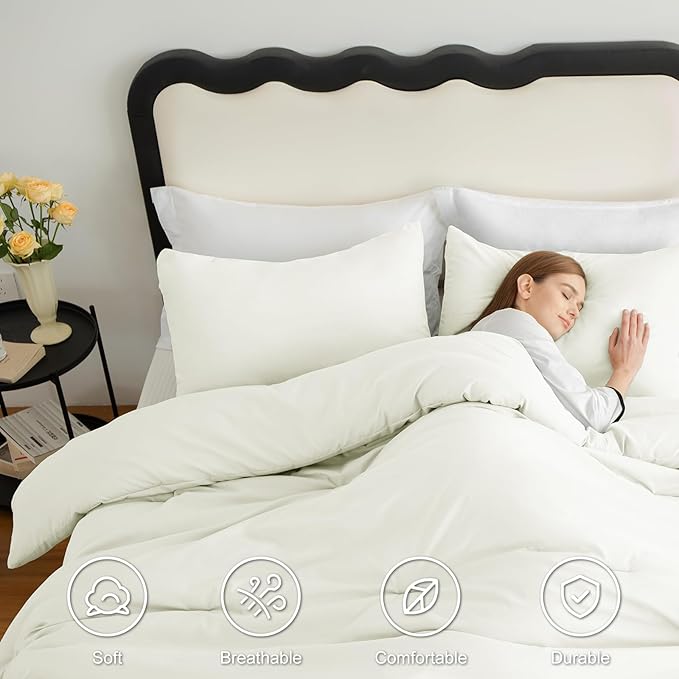 CozyLux King Size Comforter Set Ivory, 3 Pieces Solid Breathable Quilted Style Bedding Sets for Girls, Luxury Soft Microfiber Down Alternative Comforter Bed Set (1 Comforter & 2 Pillowcases)