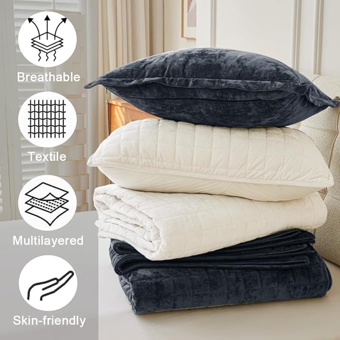 Luxurious Velvet Quilt Full/Queen Size Set 90" x98" Ultra Soft Bedding Set Quilted Bedspread Coverlet with 2 Matching Pillow Shams for All Seasons,Blue Gray