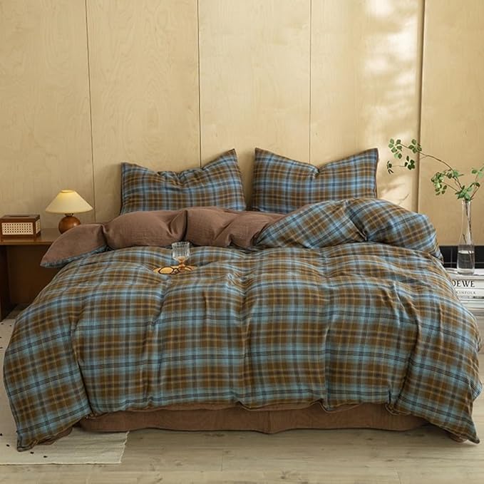 Vintage Blue&Brown Plaid Duvet Cover Full 100% Cotton Muslin Plaid Checkered Grid Bedding Set Breathable Soft Comfy Linen Like Gauze Comforter Cover Farmhouse Gingham Duvet Cover with Zipper Closure