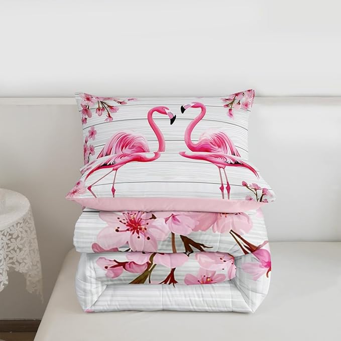 Erosebridal Flamingo Bedding Set King,Cherry Blossoms Comforter Set for Girls Boys Teens Women,Pink Tropical Bird Animal Comforter Flower Rustic Wooden Board Quilt Duvet Sets with 2 Pillow Cases